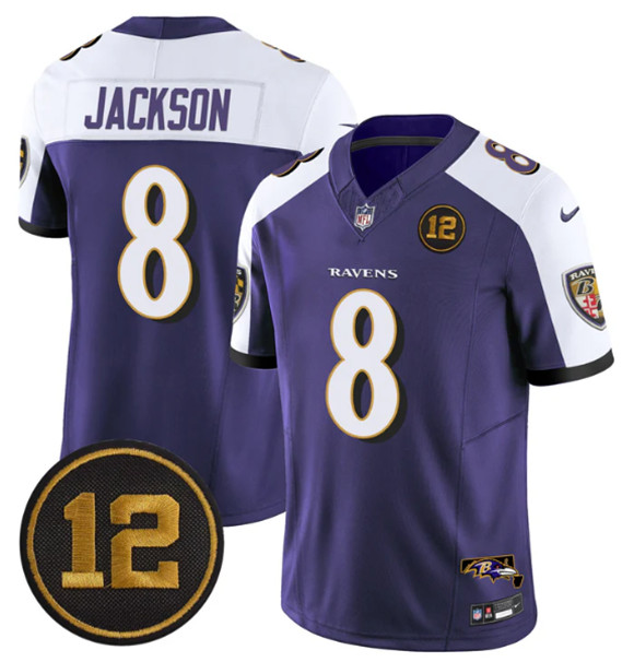 Men's Baltimore Ravens #8 Lamar Jackson Purple Alternate 2025 F.U.S.E. Jacoby Jones Patch Vapor Limited Football Jersey